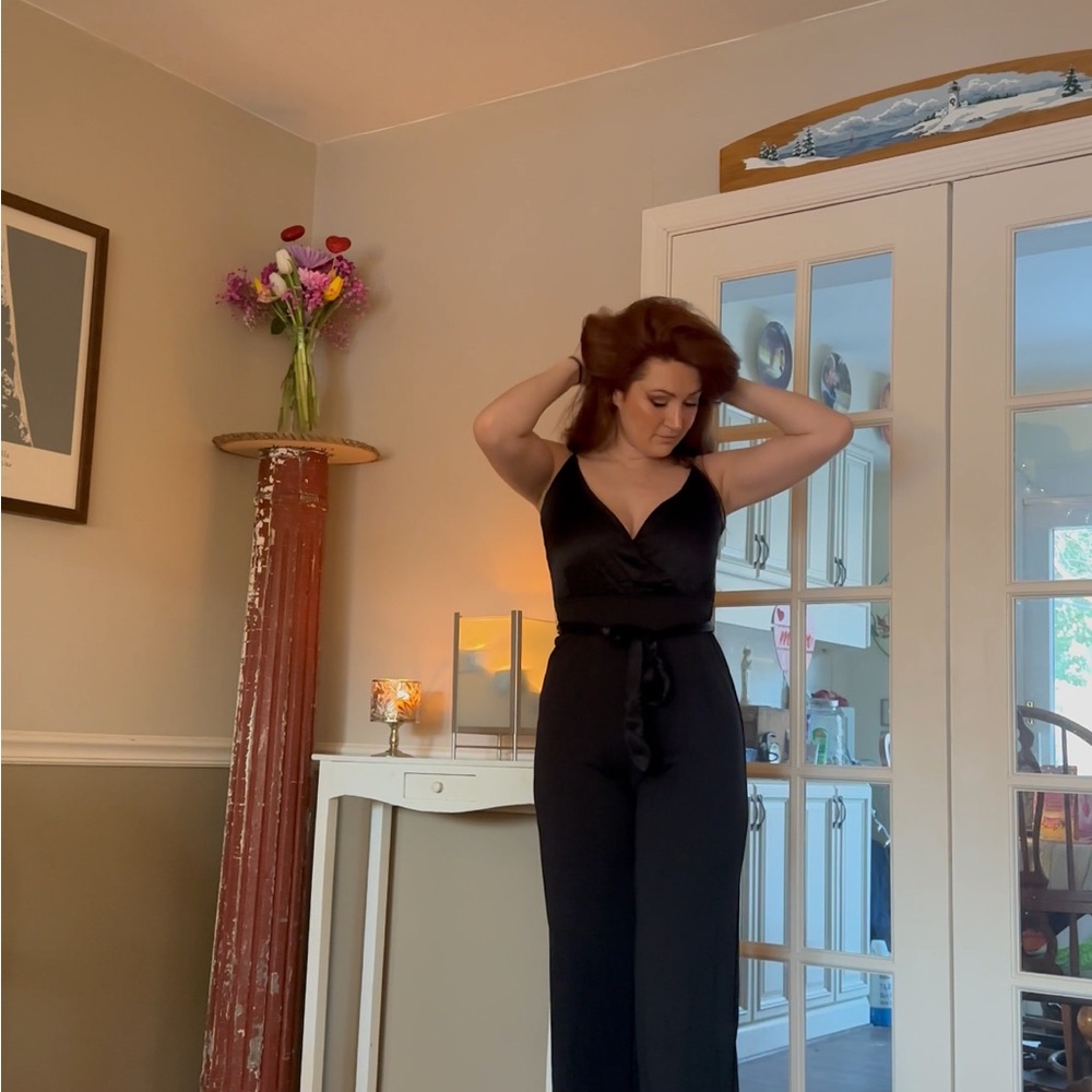 Classic Black Satin Jumpsuit with Waist Tie